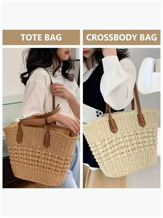 Large Straw Shoulder Bag Woven Tote Travel Handbag Purse - Picture 2 of 7